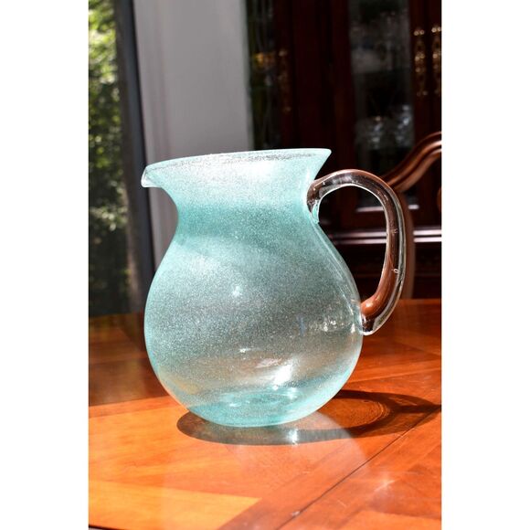 Teal Turquoise Art Glass Pitcher Controlled Bubble Texture Shoreline Collection - Picture 4 of 8